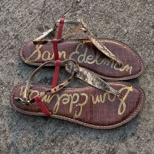 Sam Edelman Women's Gigi Thong Flat Sandals T-Strap Leather Gold Brown Size 8.5M
